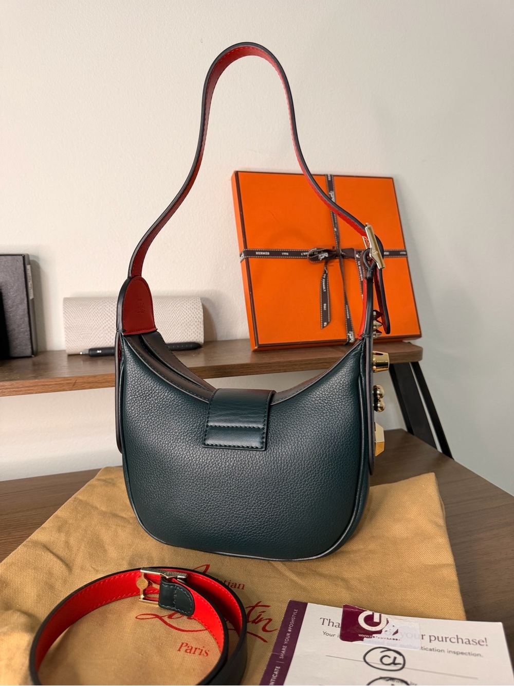 AUTHENTIC - Louboutin Small Leather Carasky in Dark Forest Green/Red - Picture 3 of 16
